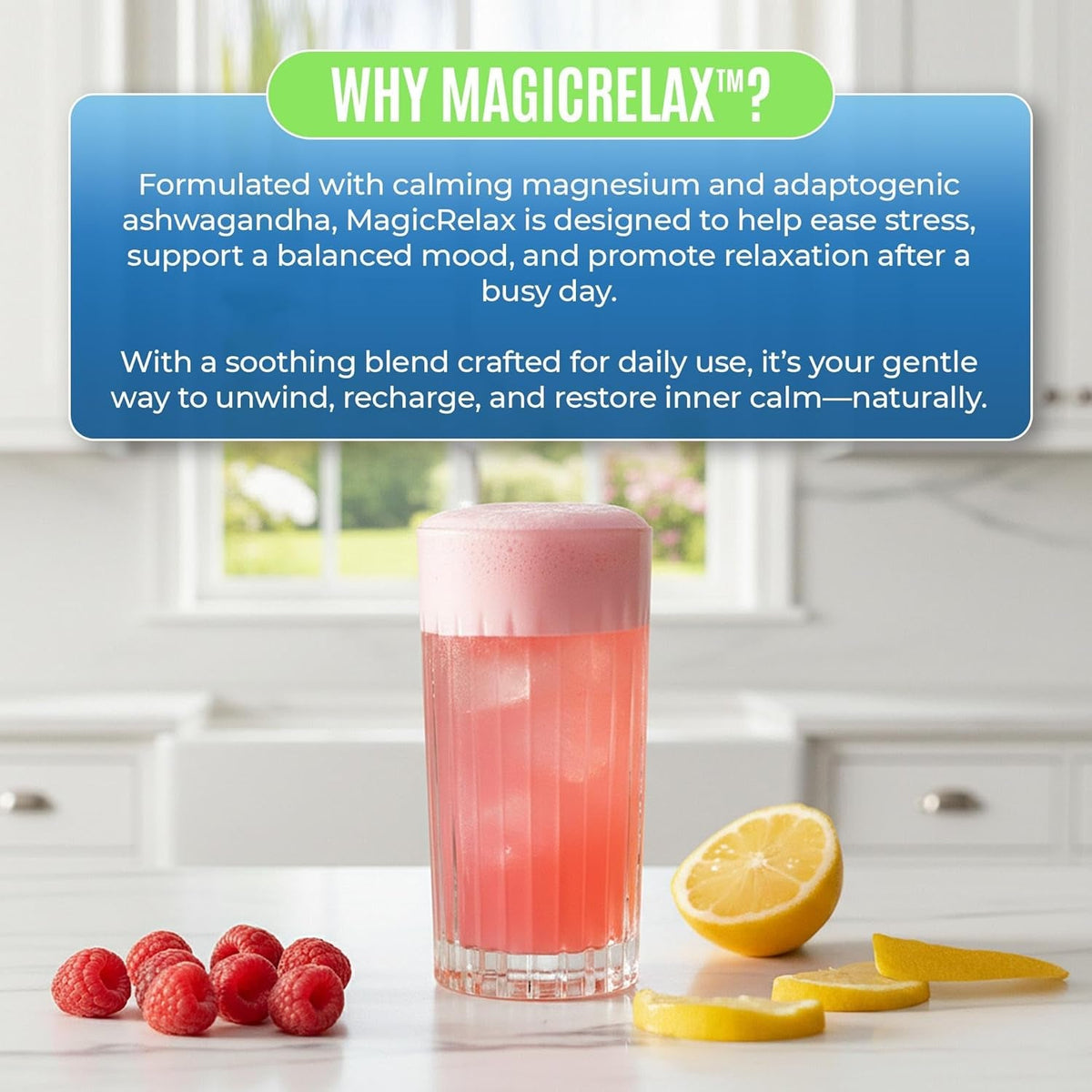 MAGICRELAX 8-In-1 Super Calm Magnesium Glycinate Powder Drink Mix Supports Stress Healthy Cortisol, Mood & Sleep, KSM-66 Ashwagandha Saffron GABA L-Theanine Vitamin D3, 0 Sugar, Raspberry Lemonade