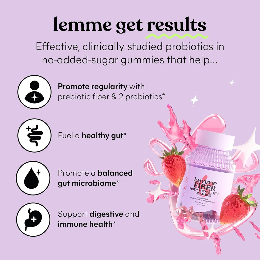 Lemme Fiber & Probiotic Gummies for Adults, Promotes Regularity & Digestive Health, No Sugar Added Strawberry Flavor, 4G Prebiotic Fiber & Clinically Studied Probiotic Strains, (60 Count)