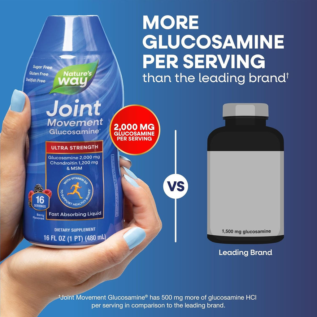 Nature'S Way Ultra-Strength Joint Movement Glucosamine Liquid, Glucosamine, Chondroitin, MSM with Vitamin D3 & Hyaluronic Acid, Fast-Absorbing Liquid, Joint Support Supplement*, Berry Flavored, 16 Oz