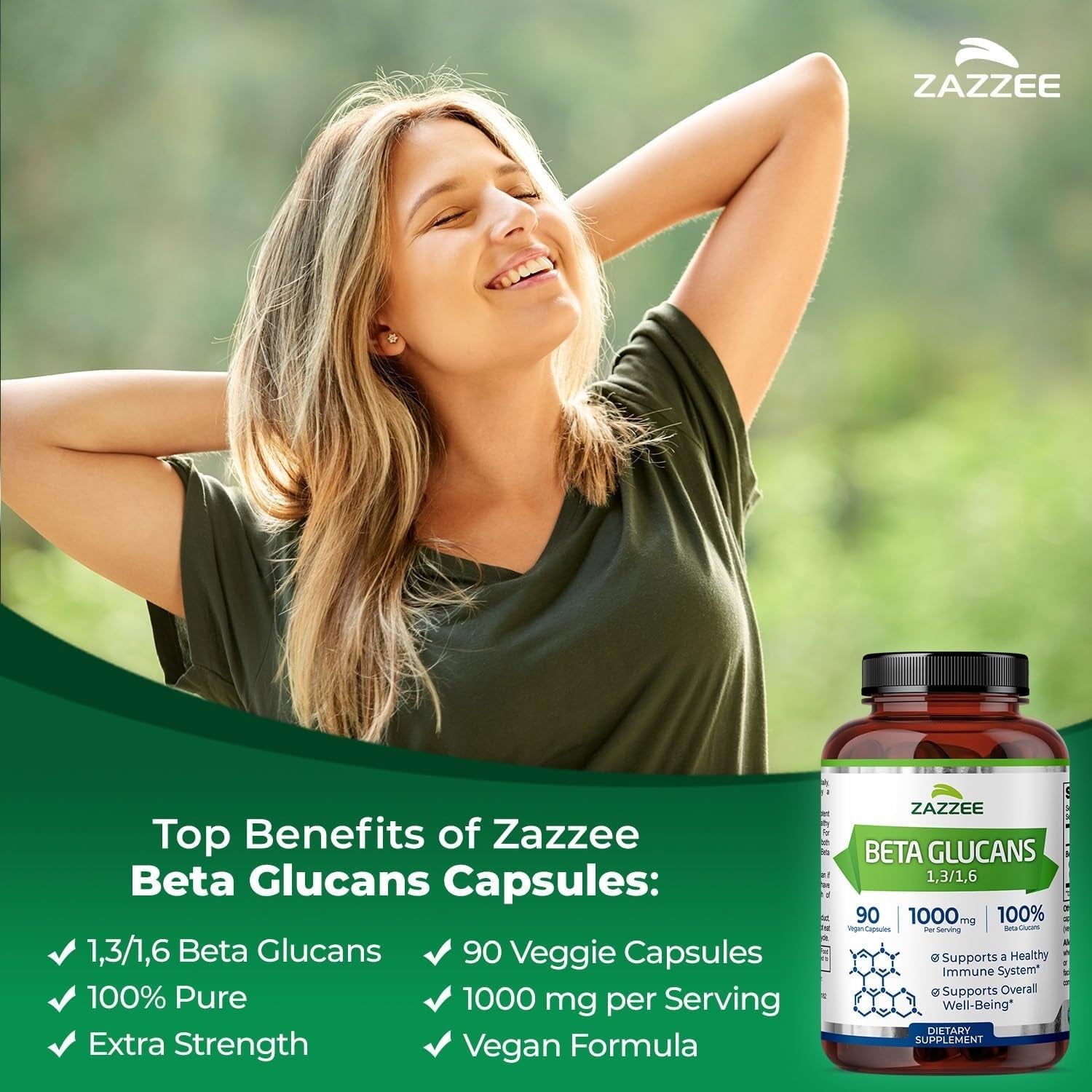 Zazzee Extra Strength 1,3/1,6 Beta Glucans, 1000 Mg, 100% Concentrated, 90 Vegan Capsules, Supports a Healthy Immune System, 100% Vegetarian, All-Natural and Non-Gmo