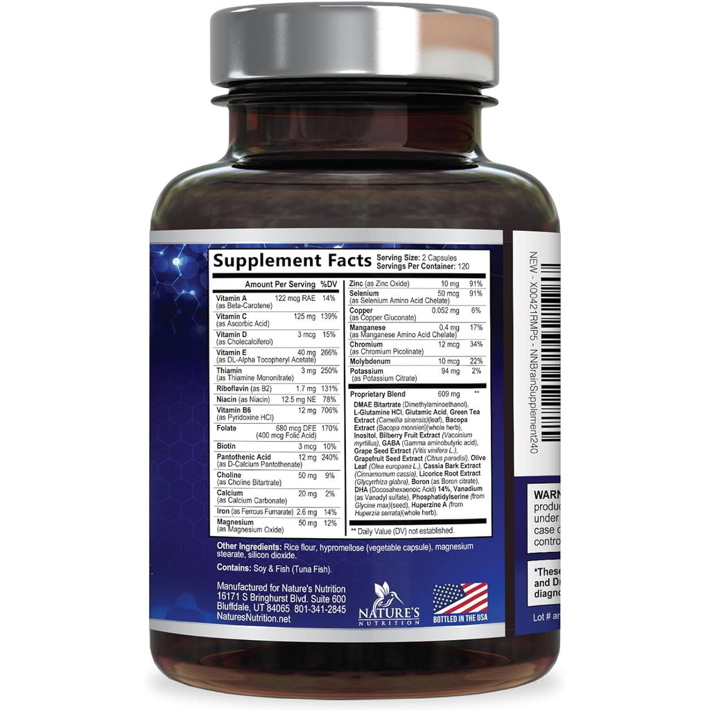 Brain Memory Supplement Pills - 3X Strength Nootropics for Concentration, Clarity & Focus Support - Brain Health Cognitive Vitamins with Bacopa, Phosphatidylserine & DMAE, Brain Booster - 240 Capsules