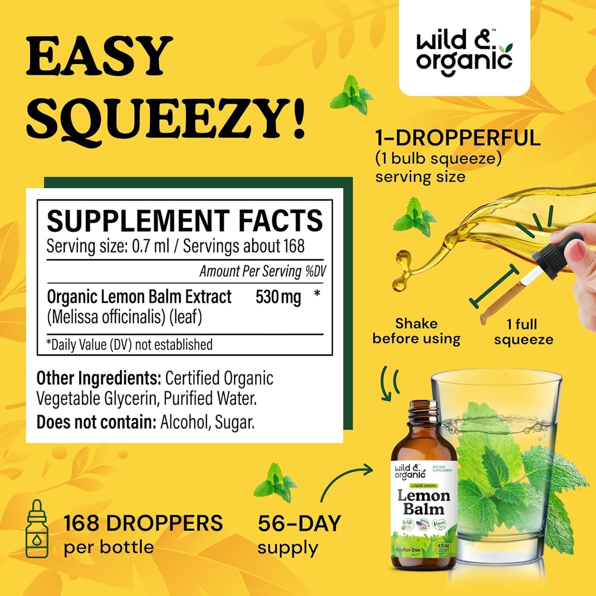 Wild & Organic Lemon Balm Tincture - Good Mood Support - Melissa Lemon Balm Extract Drops - Add to Tea for Relaxation - Vegan, Sugar & Alcohol-Free Leaf Supplement - 4 Fl Oz