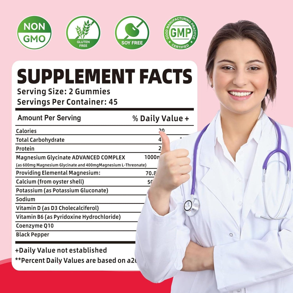 90 CT Magnesium Glycinate Gummies 1000Mg - Sugar Free Magnesium Potassium Supplement with Vitamin D, B6, Coq10 for Calm Mood & Sleep Support - 90 Raspberry Gummies