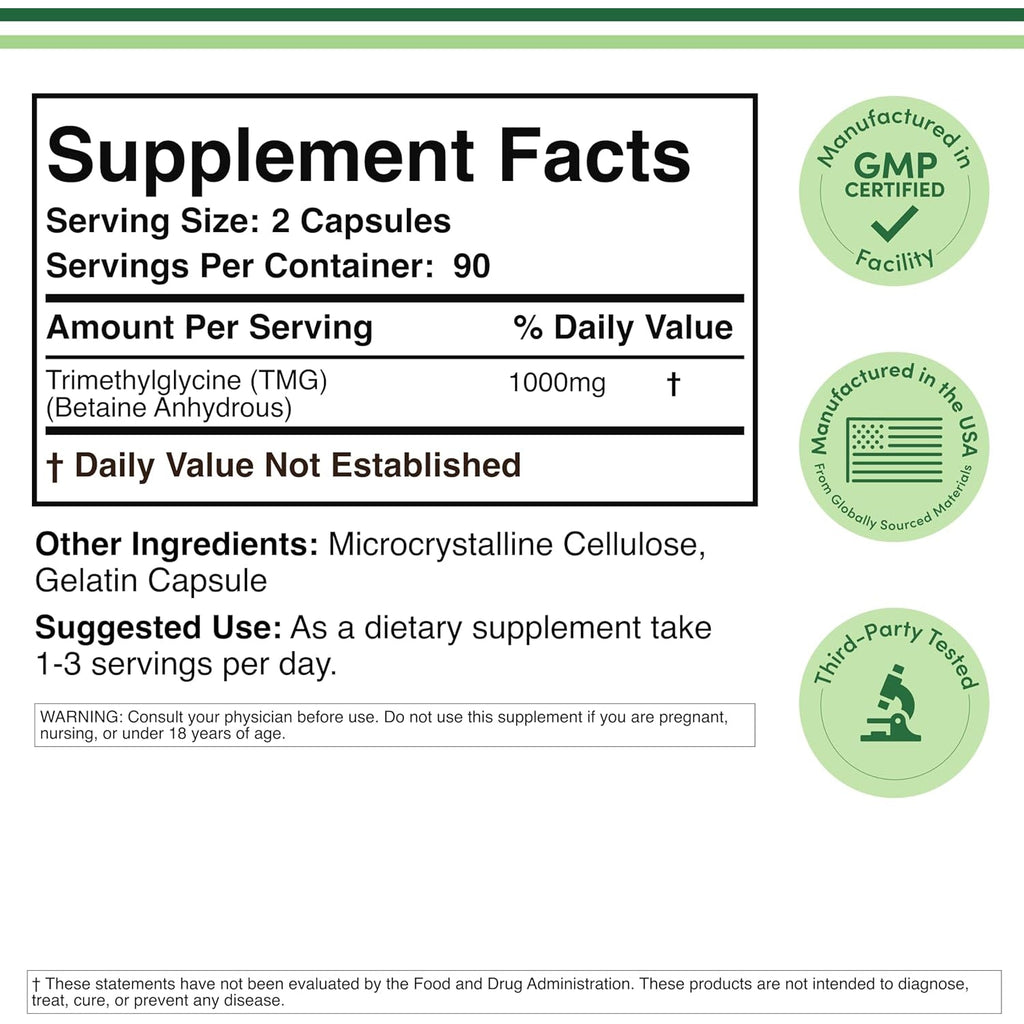 TMG Trimethylglycine Supplement - 99%+ Tested Purity - 1,000Mg per Serving, 180 Capsules (TMG Supplements for Homocysteine Control) Genuine TMG with Fishy Smell, Gluten Free, Non-Gmo