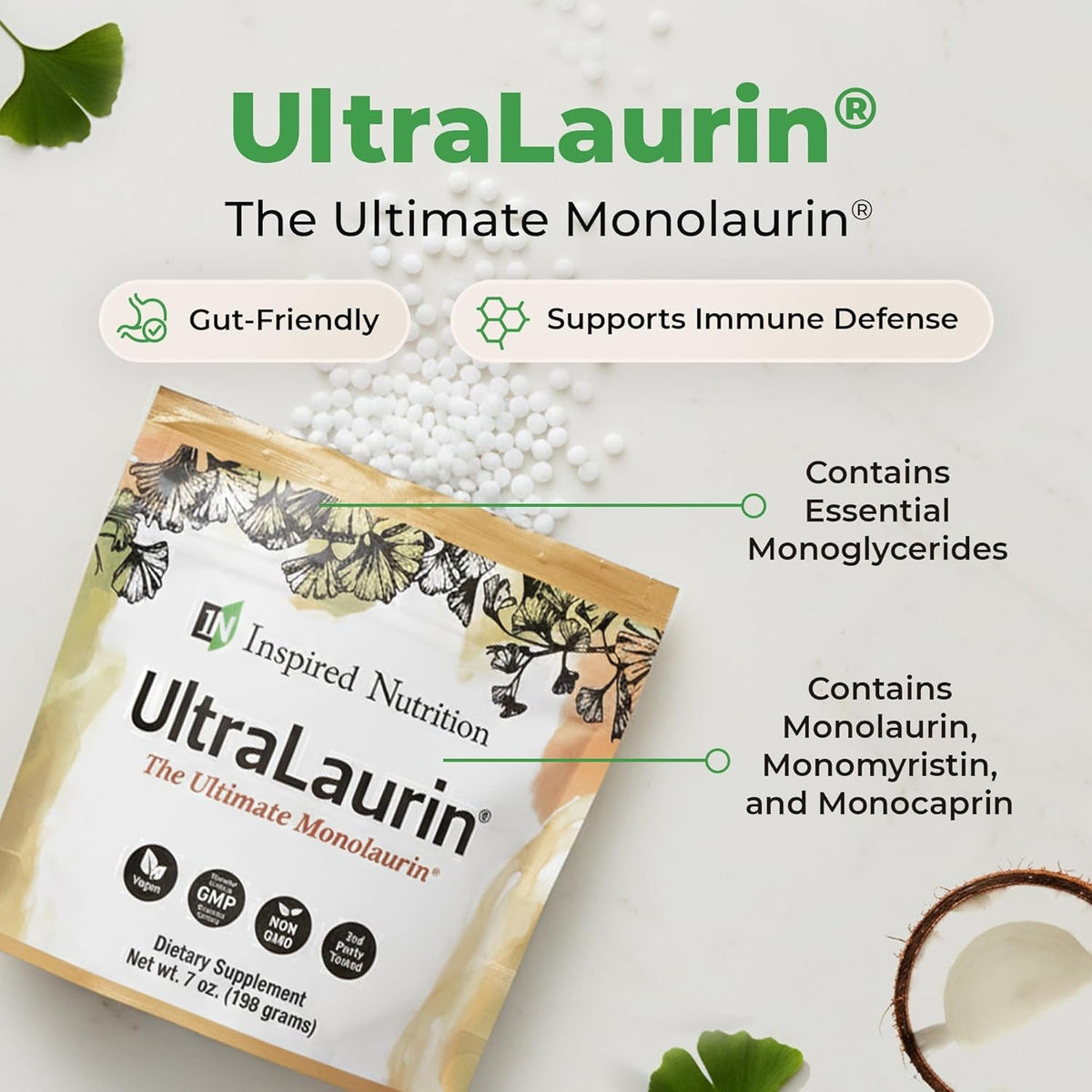 Ultralaurin® Monolaurin Supplement – 3,000 Mg Coconut-Derived Pellets for Immune & Gut Health Support, Digestive Wellness – 7 Oz - 66 Servings – Vegan, Non-Gmo, Natural Immune & Digestive Support