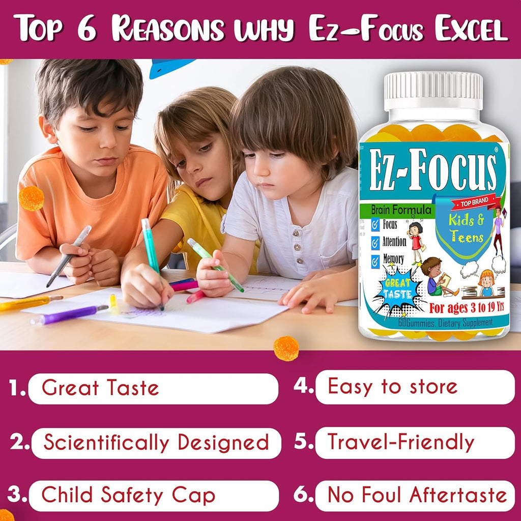 Ez-Focus Gummies for Kids, Teens and Youth – Brain Focus, Memory & Attention Support, DHA & Omega-3 for Kids, Concentration and Focus Supplement, Calm and Study Brain Vitamins 60 Ct