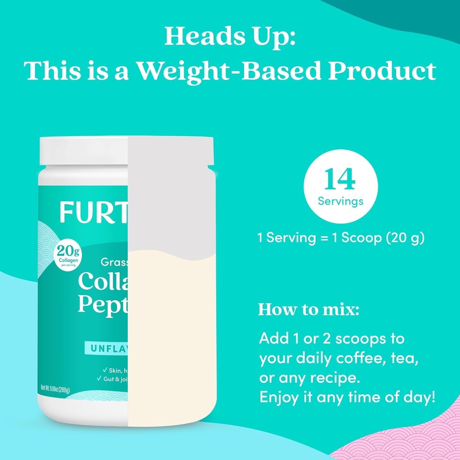 Further Food Unflavored Collagen Peptides Powder - 100% Grass-Fed, Hydrolyzed Type 1 & 3, 20G of Collagen per Serving, Supports Skin, Hair, Nails & Joints, 9.88 Oz