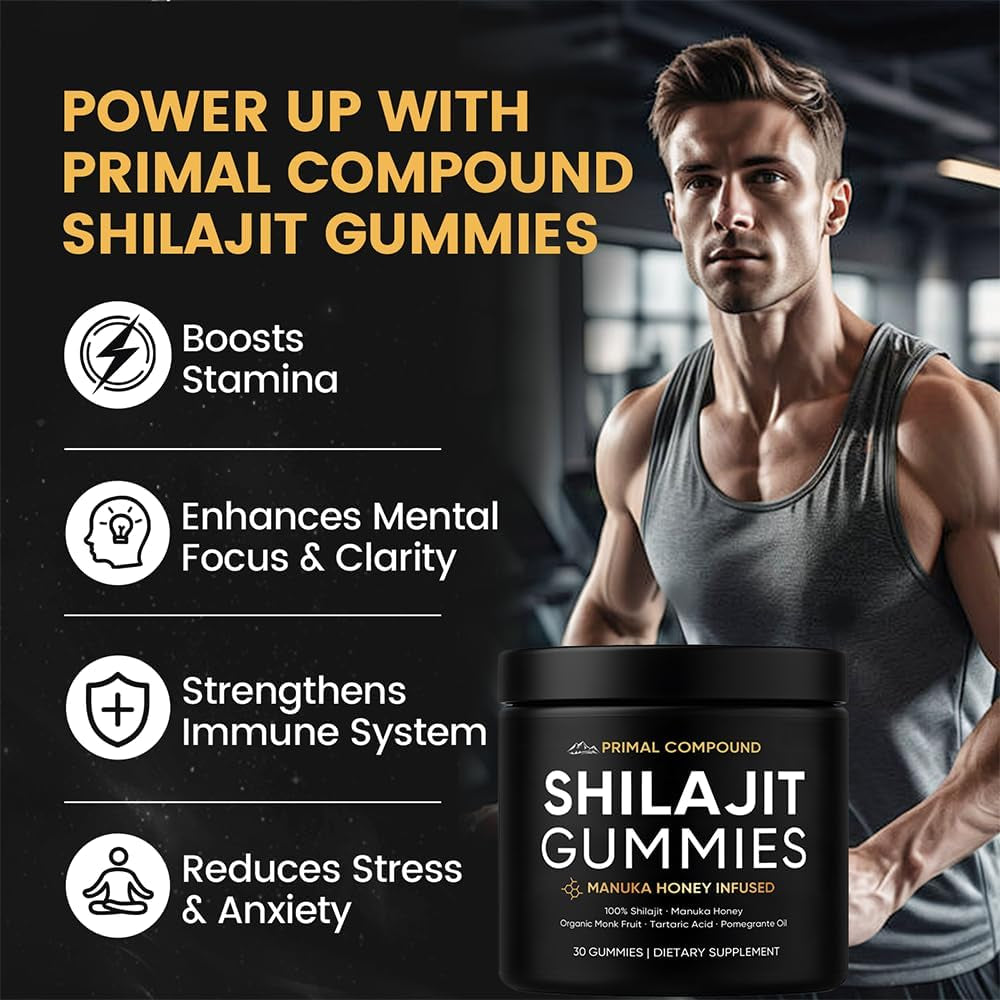 Primal Compound Shilajit Gummies for Men,With Manuka Honey, Organic Monk Fruit & Fulvic Acid, Shilajit Gummies Supplements, 30 Gummies