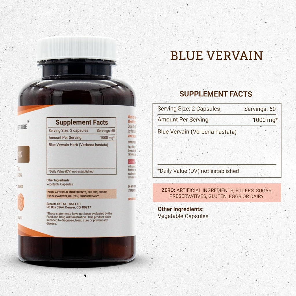 Secrets of the Tribe Blue Vervain 120 Capsules, 1000 Mg, Blue Vervain (Verbena Hastata) Dried Herb (120 Capsules)