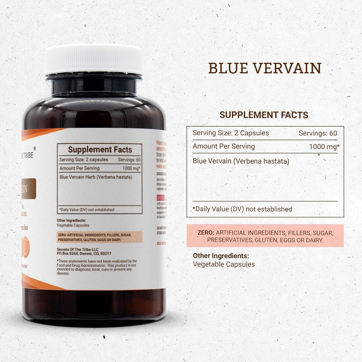 Secrets of the Tribe Blue Vervain 120 Capsules, 1000 Mg, Blue Vervain (Verbena Hastata) Dried Herb (120 Capsules)