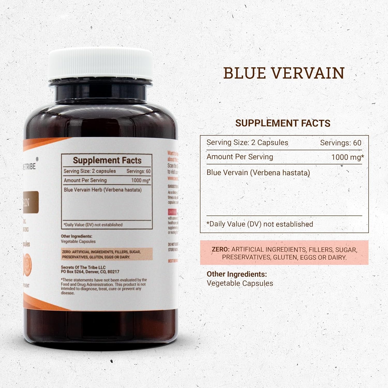 Secrets of the Tribe Blue Vervain 120 Capsules, 1000 Mg, Blue Vervain (Verbena Hastata) Dried Herb (120 Capsules)
