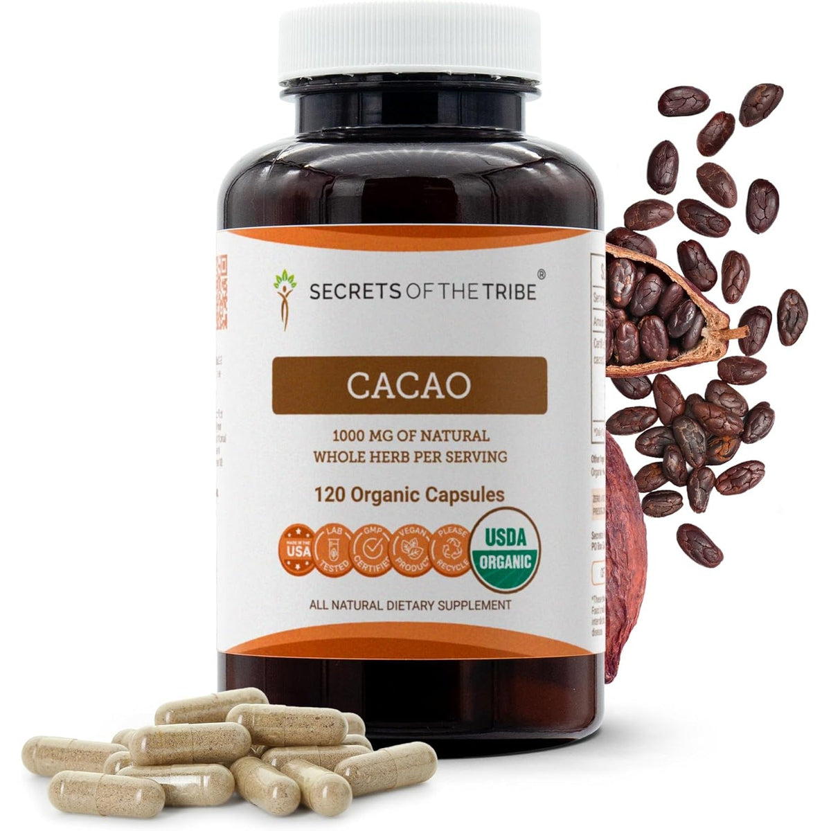 Secrets of the Tribe Cacao 120 Capsules, 1000 Mg, USDA Organic Cacao (Theobroma Cacao) Dried Raw Beans (120 Capsules)