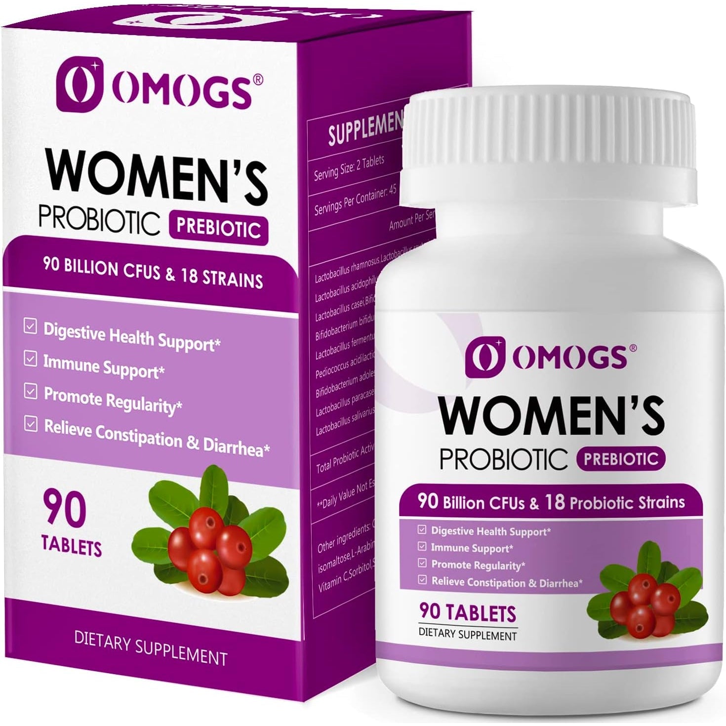 OMOGS Women'S Probiotic, with Cranberry Extract, Organic Prebiotics & Vitamin C, 90 Billion Cfus,18 Strains, Help for Boost Immune, Digestive, Gut Health & Women'S Health, Gluten & Soy Free,90 Tablets