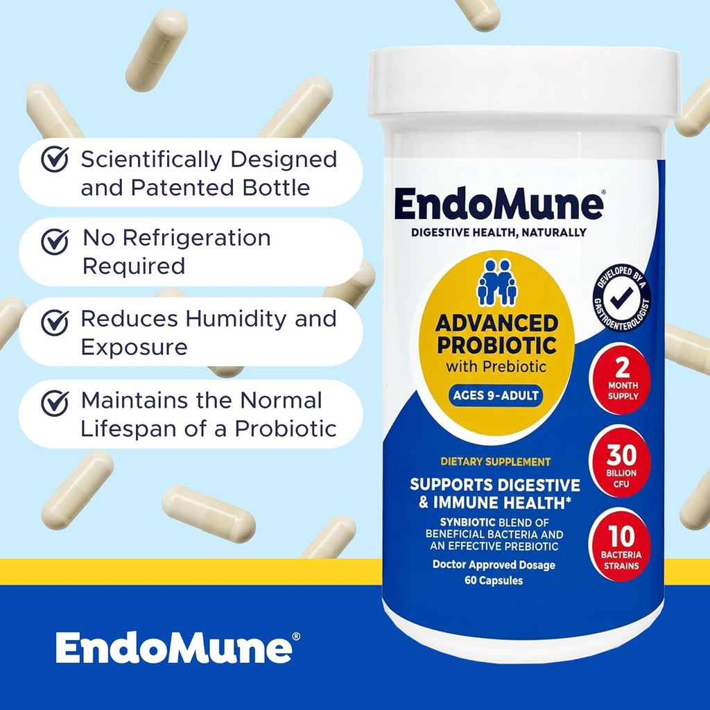 Endomune Advanced Adult Multi-Strain Probiotic Supplement with Prebiotic - 10 Strains, 30 Billion CFU - Physician Formulated (60-Count)