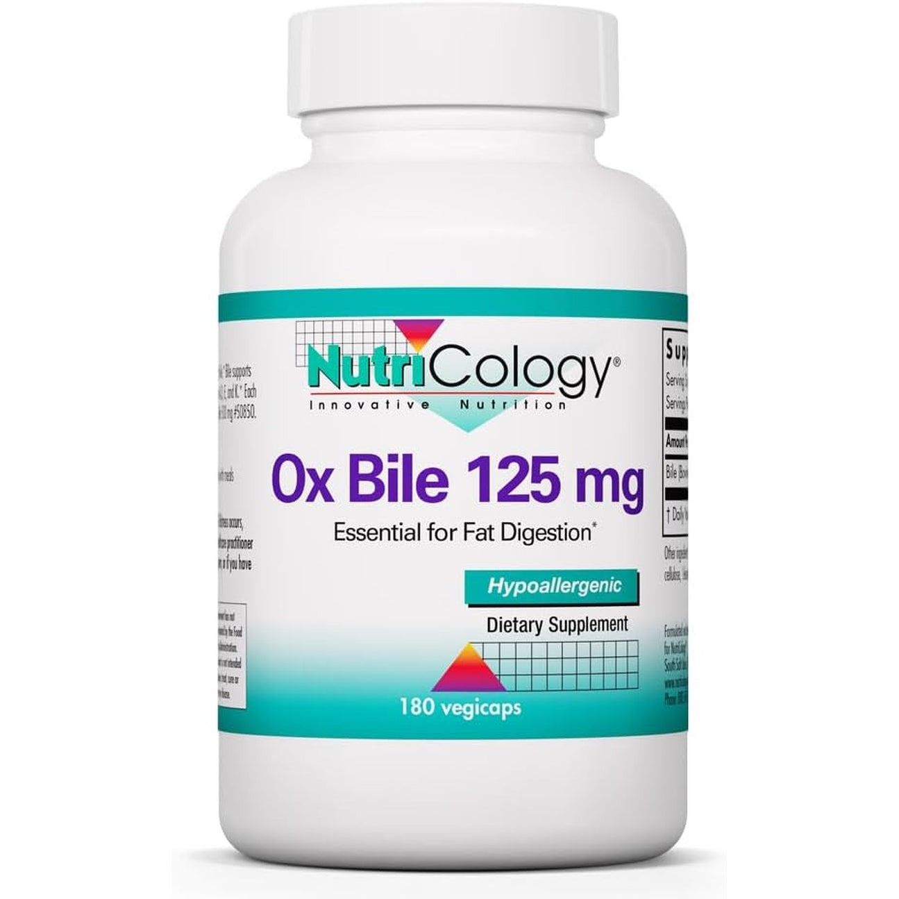 Nutricology Ox Bile 125 Mg - Supports Fat Digestion - Delivers 125 Mg Concentrated Bile Salts per Serving - Hypoallergenic & Vegetarian - 180 Servings - 180 Capsules