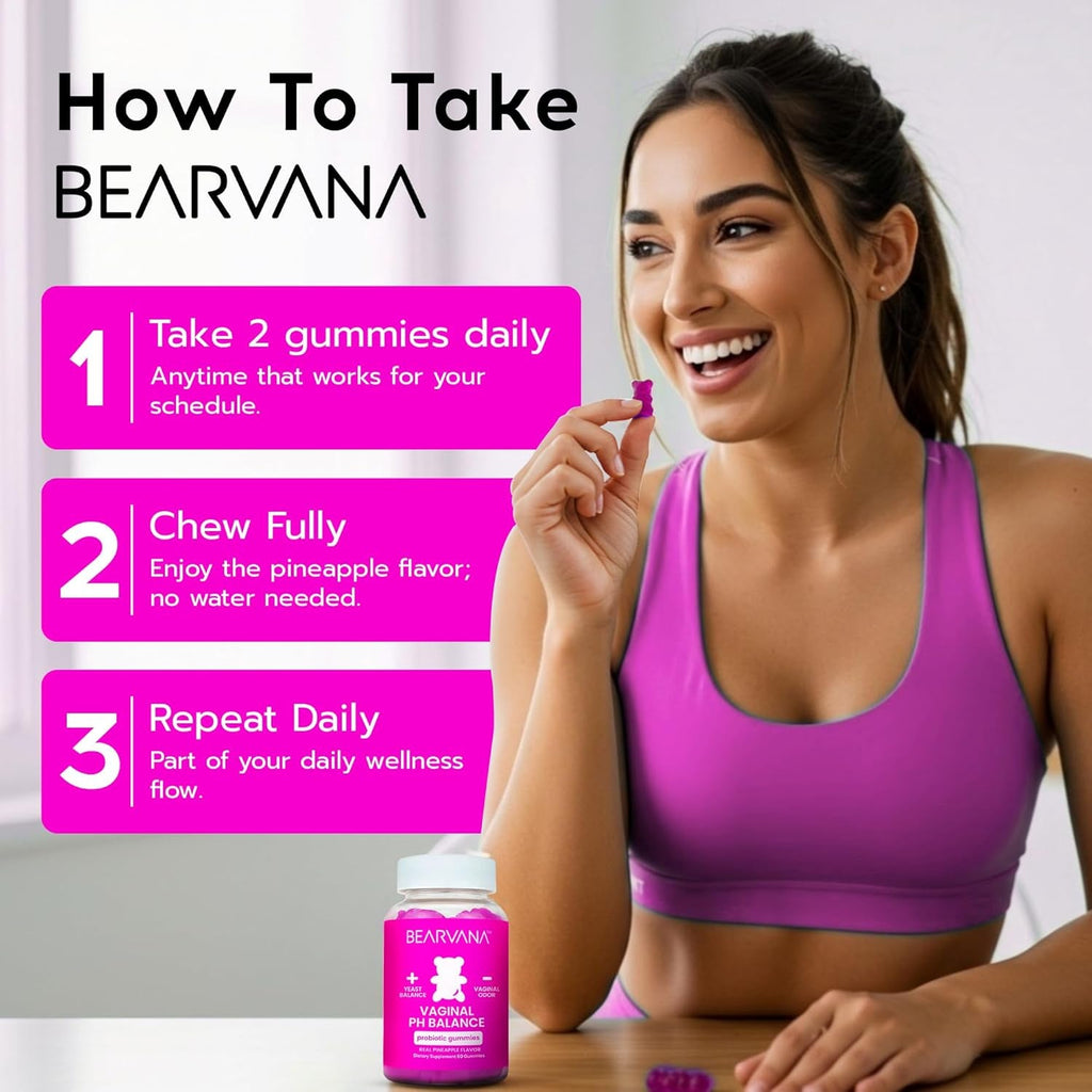 BEARVANA Vaginal Ph Support & Probiotic Gummies for Women | Feminine Wellness & Intimate Care Supplement with Vitamin C | Pineapple Flavor | 60 Gummies