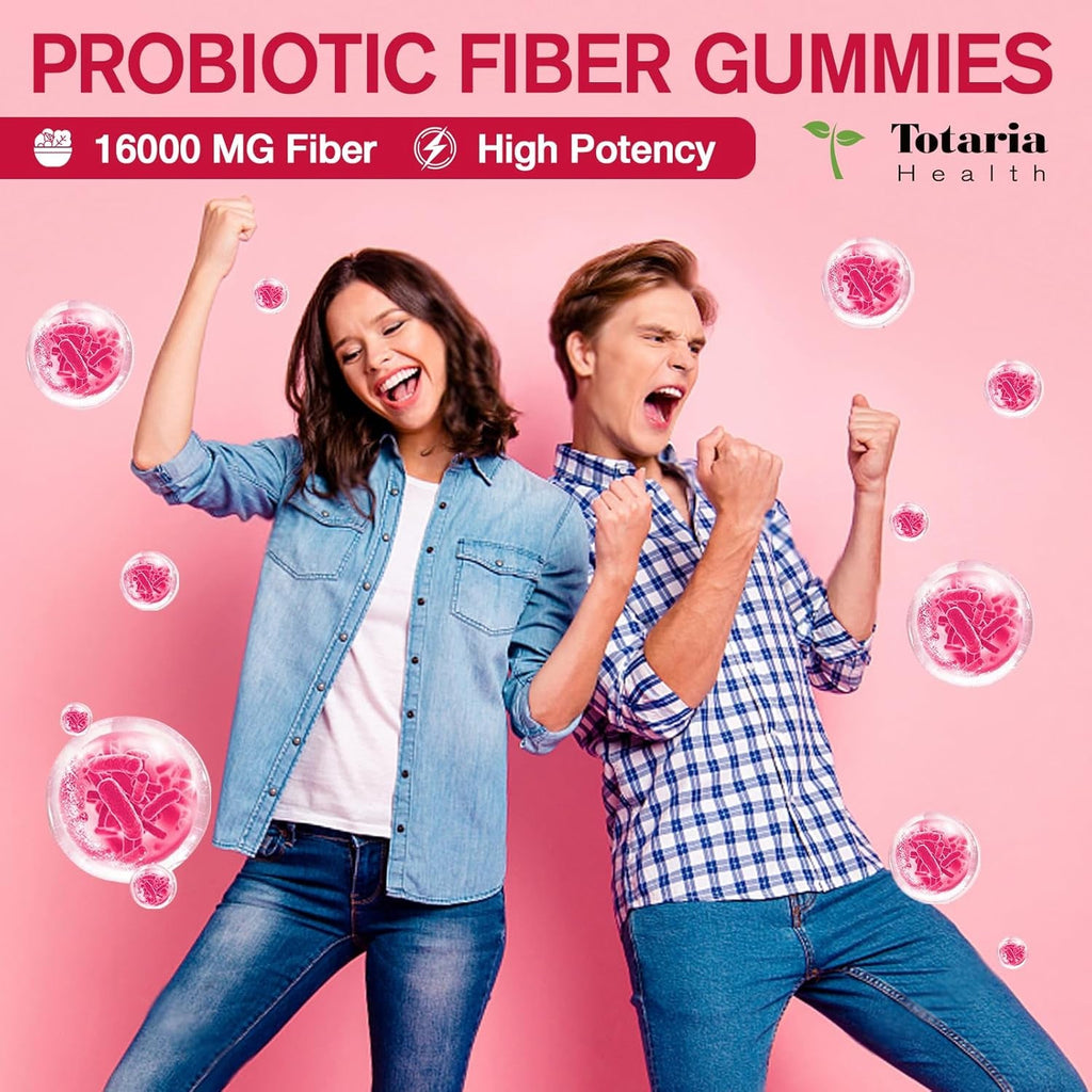 9-In-1 Probiotic Prebiotic Fiber Gummies for Adults & Teens 16G Fiber per Serving, Psyllium Husk Fiber Supplement with 5 Billion CFU Bacillus Coagulans, Inulin, ACV for Digestion & Gut - 60 Counts