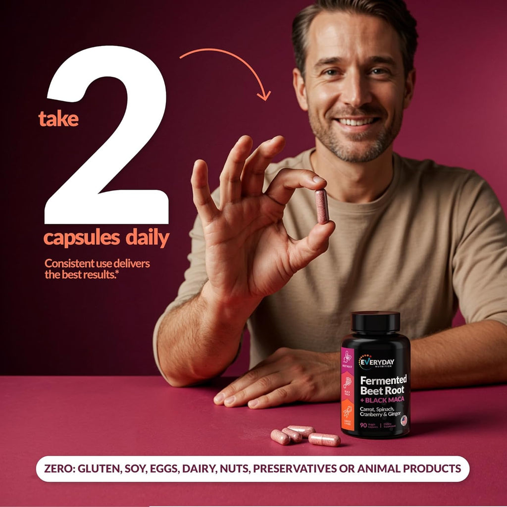Organic Fermented Beet Root & Black Maca Capsules with Carrot, Spinach, Cranberry & Ginger | Superfood for Energy, Stamina & Wellness | 90 Veggie Capsules | Made in USA