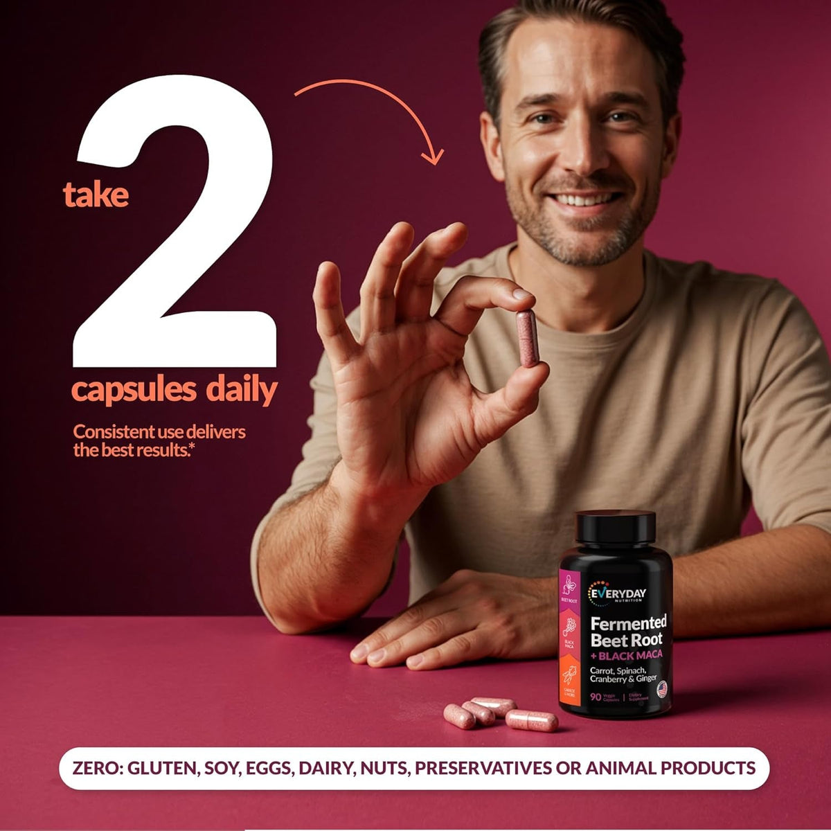 Organic Fermented Beet Root & Black Maca Capsules with Carrot, Spinach, Cranberry & Ginger | Superfood for Energy, Stamina & Wellness | 90 Veggie Capsules | Made in USA