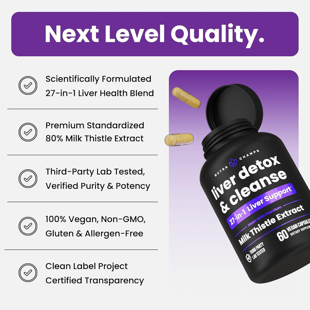 Nutrachamps Liver Cleanse Detox & Repair Formula, 20+ Herbs: Milk Thistle Extract with Silymarin, Artichoke, Dandelion, Chicory Root Powder, Liver Support Pills Supplement, 60 Capsules