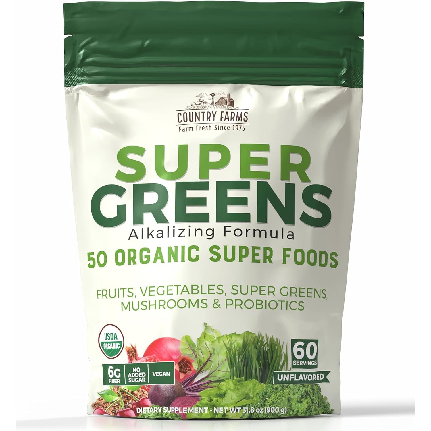 Country Farms Super Greens Natural Flavor, 50 Organic Super Foods, USDA Organic Drink Mix, Fruits, Vegetables, Super Greens, with Fiber, Mushrooms & Probiotics, Supports Energy, 60 Servings, 900G