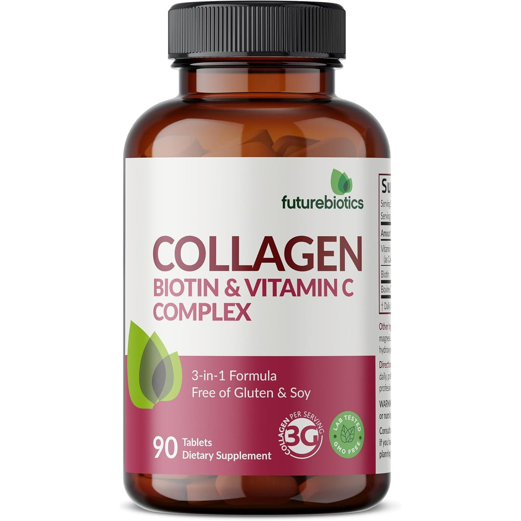 Futurebiotics Collagen Peptides with Biotin & Vitamin C Complex 3-In-1 Formula - for Hair, Skin & Nails Support, Non-Gmo, 90 Tablets