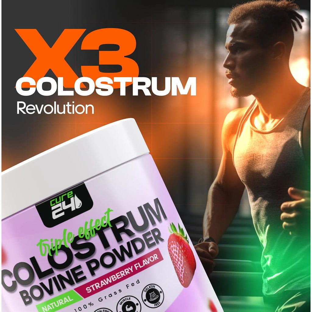 Bovine Colostrum X3 Supplement Powder for Humans, 100% Pure Whole Natural Grass Fed Superfood, High Igg, plus Probiotic & Prebiotic, Unflavored, Made in USA (Strawberry)