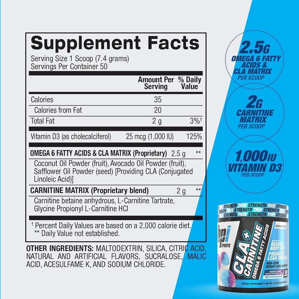 BPI Sports CLA + Carnitine – Conjugated Linoleic Acid – Weight Loss Formula – Metabolism, Performance, Lean Muscle – Caffeine Free – for Men & Women – Snow Cone – 50 Servings – 12.34 Oz.