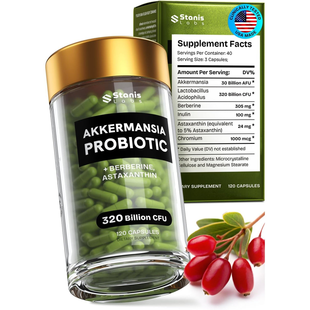 Akkermansia Muciniphila Probiotics 320 Billion CFU| Probiotic and Prebiotic | Akkermansia Probiotics for Gut Health | Inulin Prebiotic Fiber Capsules Astaxanthin & Berberine & Chromium | 120 Capsules