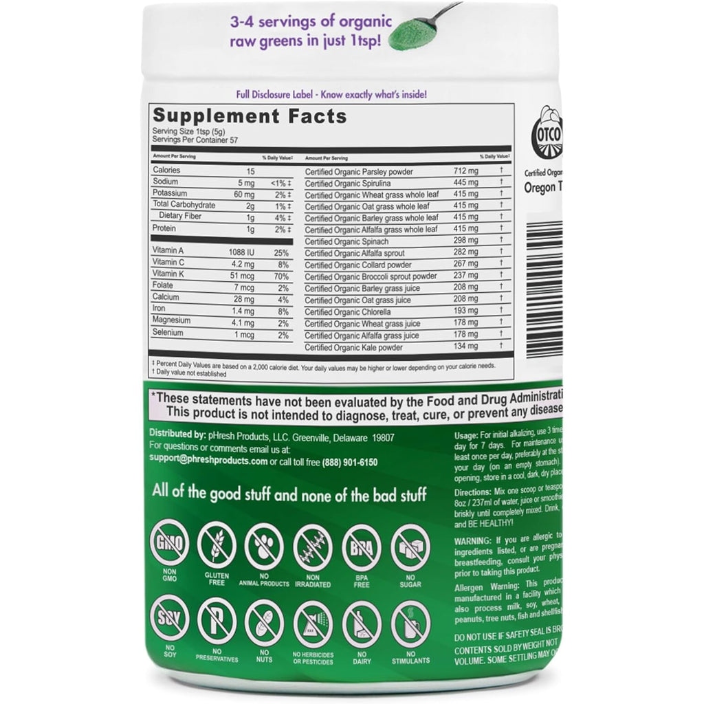 Phresh - Greens Raw Alkalizing Superfood Greens Powder - 2 Month Supply - Vegan, Kosher, Gluten Free - Natural Enzymes, Nutrients - Approved for Intermittent Fasting - 10 Oz