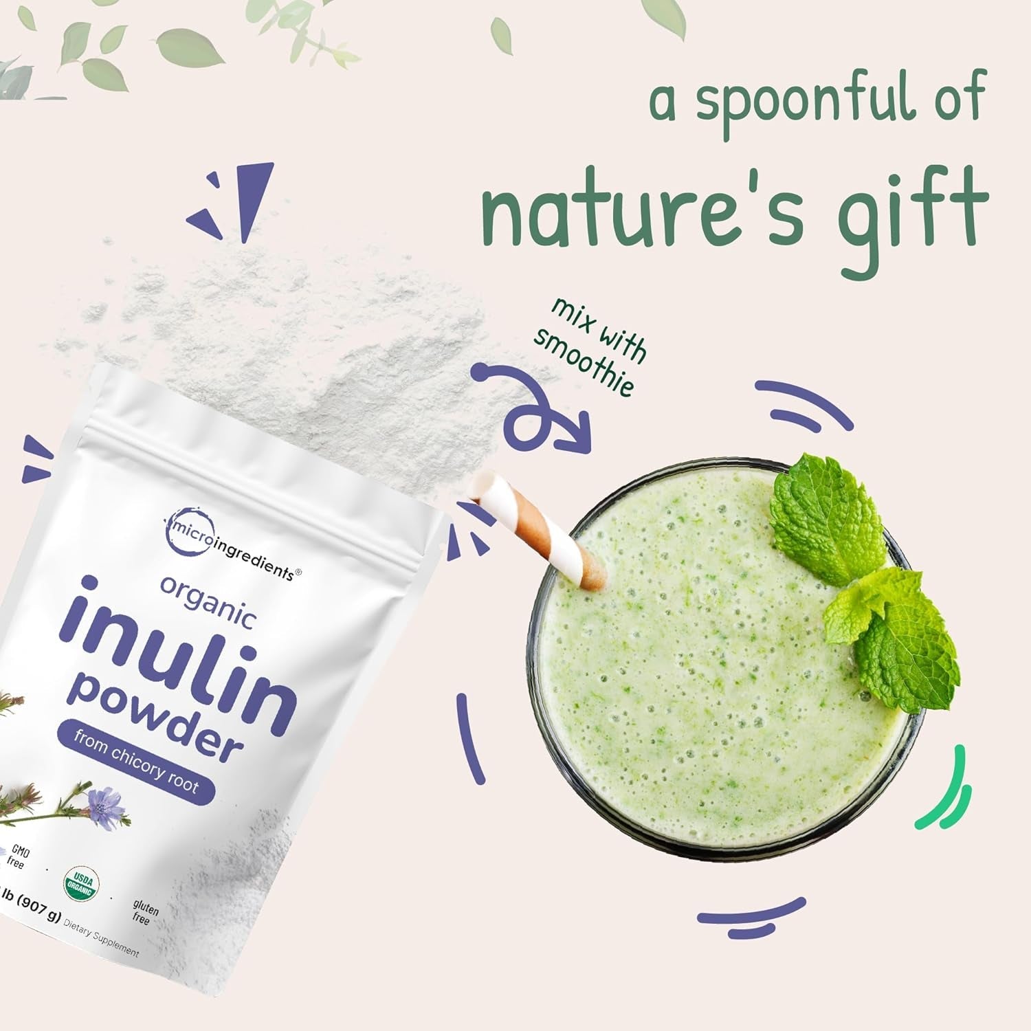 Micro Ingredients Organic Inulin Fiber Powder, 2Lb | Natural Prebiotic to Support Digestive & Gut Health | Soluble, Easily Digestible | Unflavored, Vegan