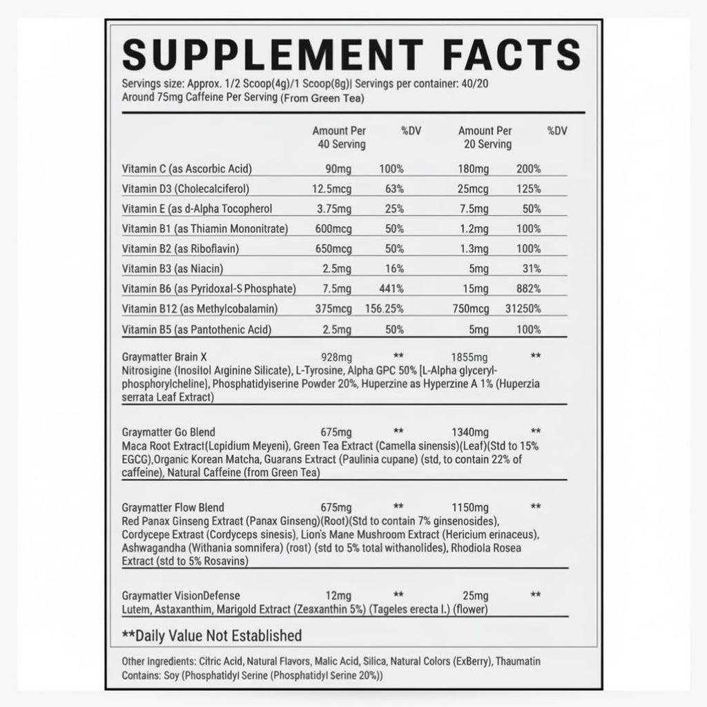 Graymatter Bright Mind Nootropic Powder (40 Servings: Strawberry Lemon) – Plant-Based Energy & Focus Drink Mix, Adaptogens & Vitamins, Sugar-Free Daily Supplement