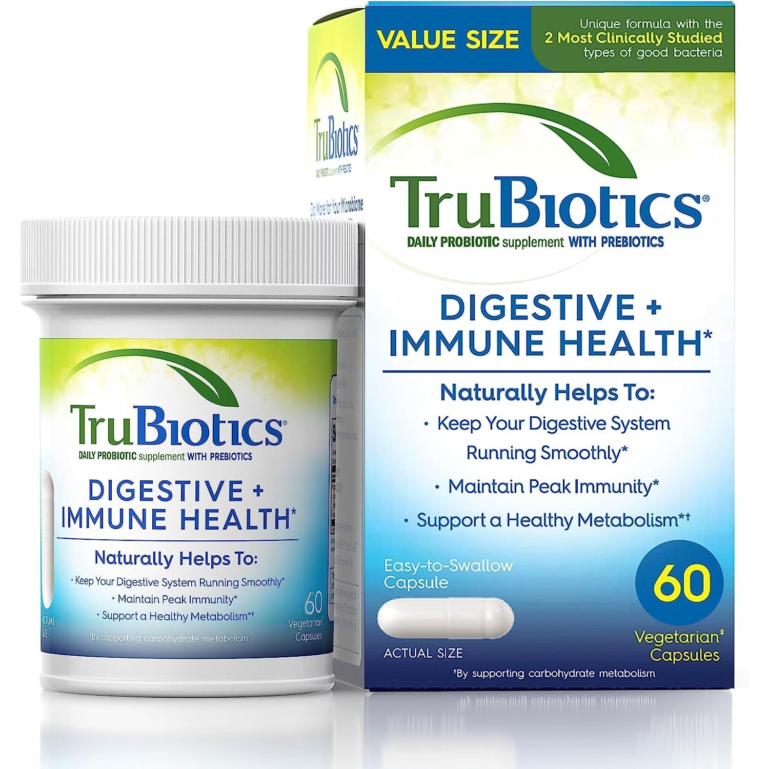 Trubiotics Probiotics for Digestive & Immune Health, Supports Regularity & Helps Relieve Abdominal Discomfort, Gas & Bloating, 2 Clinically Studied Probiotic Strains, plus Prebiotics, 60 Capsules