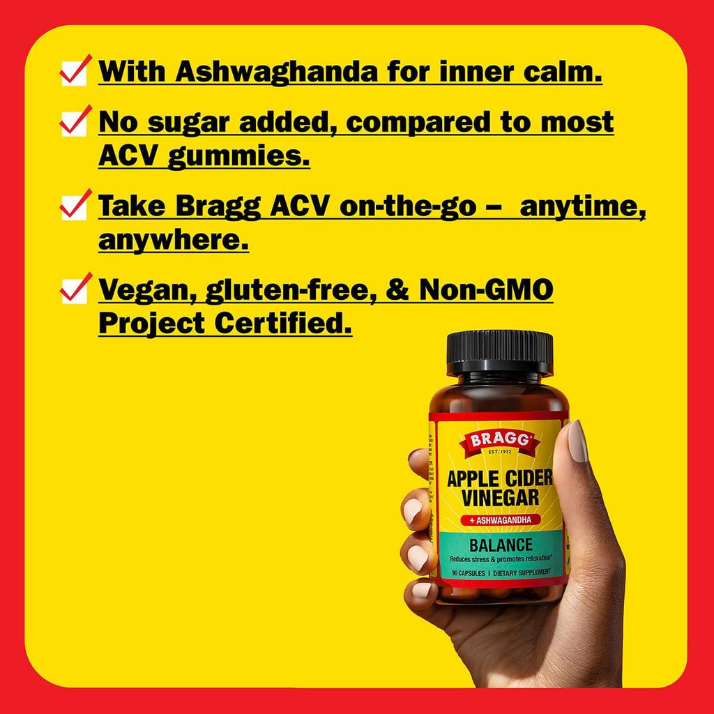 Bragg Daily Balance Apple Cider Vinegar and Sensoril Ashwagandha Capsules - 750Mg of Acetic Acid – Energy & Weight Management Support - (90 Pills)