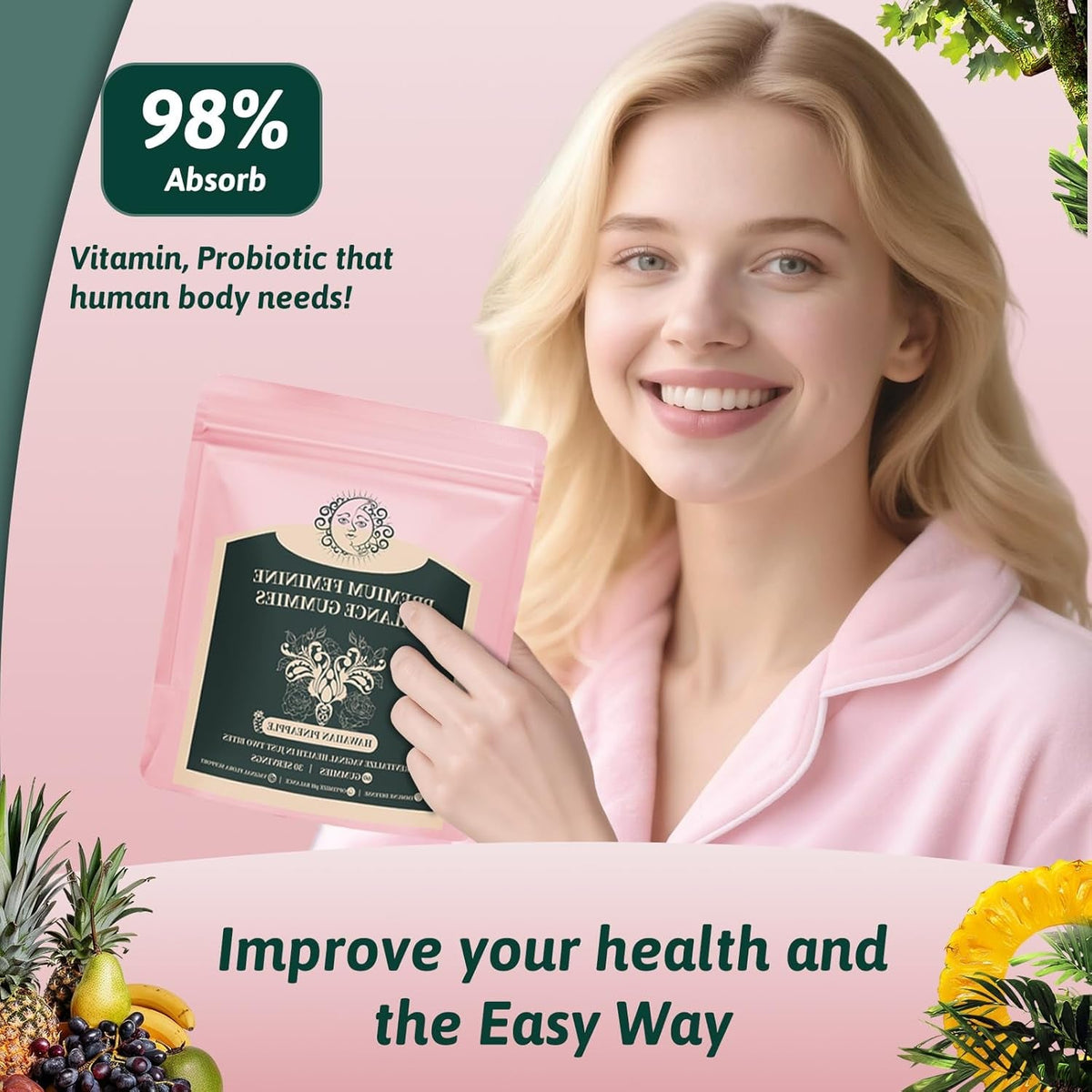 Feminine Balance Gummies for Women - Premium Balance Supplement for Women PH Health, Gut Healthy, Immune Support, Hawaiian Pineapple Flavor, 60 Gummies