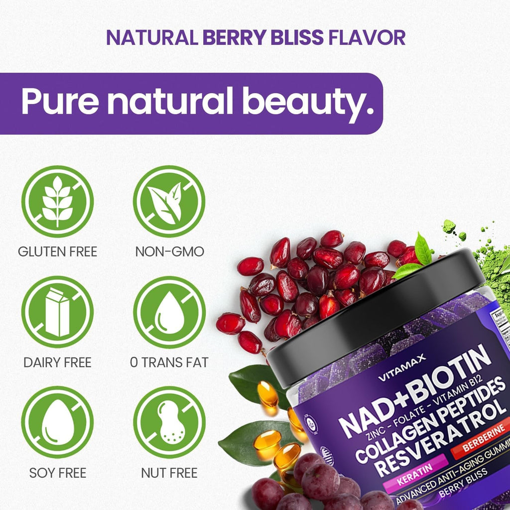 NAD+, Resveratrol, Berberine, & Biotin Anti-Aging Gummy - Hair, Skin, Nails & Joint Supplement - Collagen Peptides, Keratin, Zinc, Vitamin K2 & D3 Gummies -Regeneration- Non-Gmo - Made in USA 60 Count