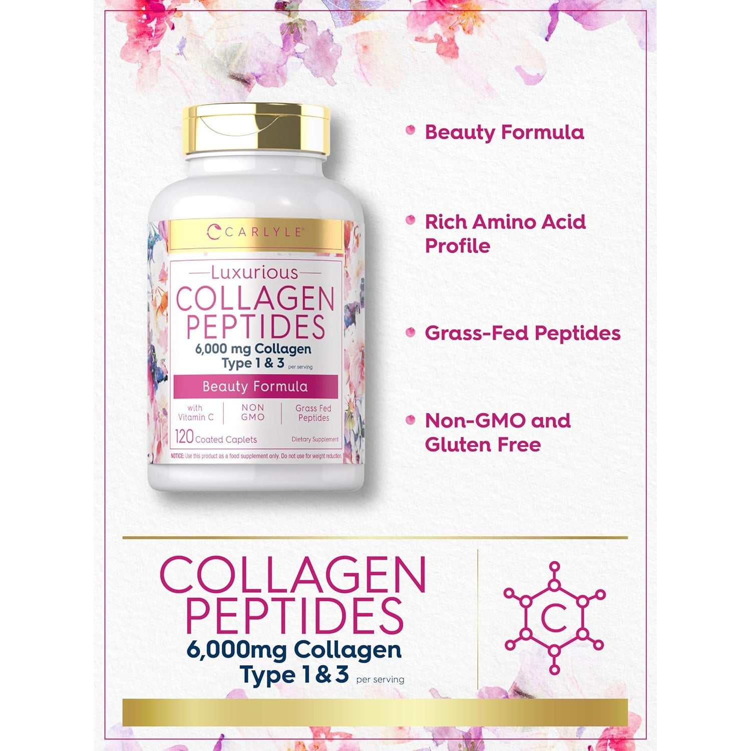 Carlyle Collagen Peptides with Vitamin C | 6000Mg | 120 Caplets | Grass Fed Type II & III | Beauty Formula | Non-Gmo, Gluten Free Supplement