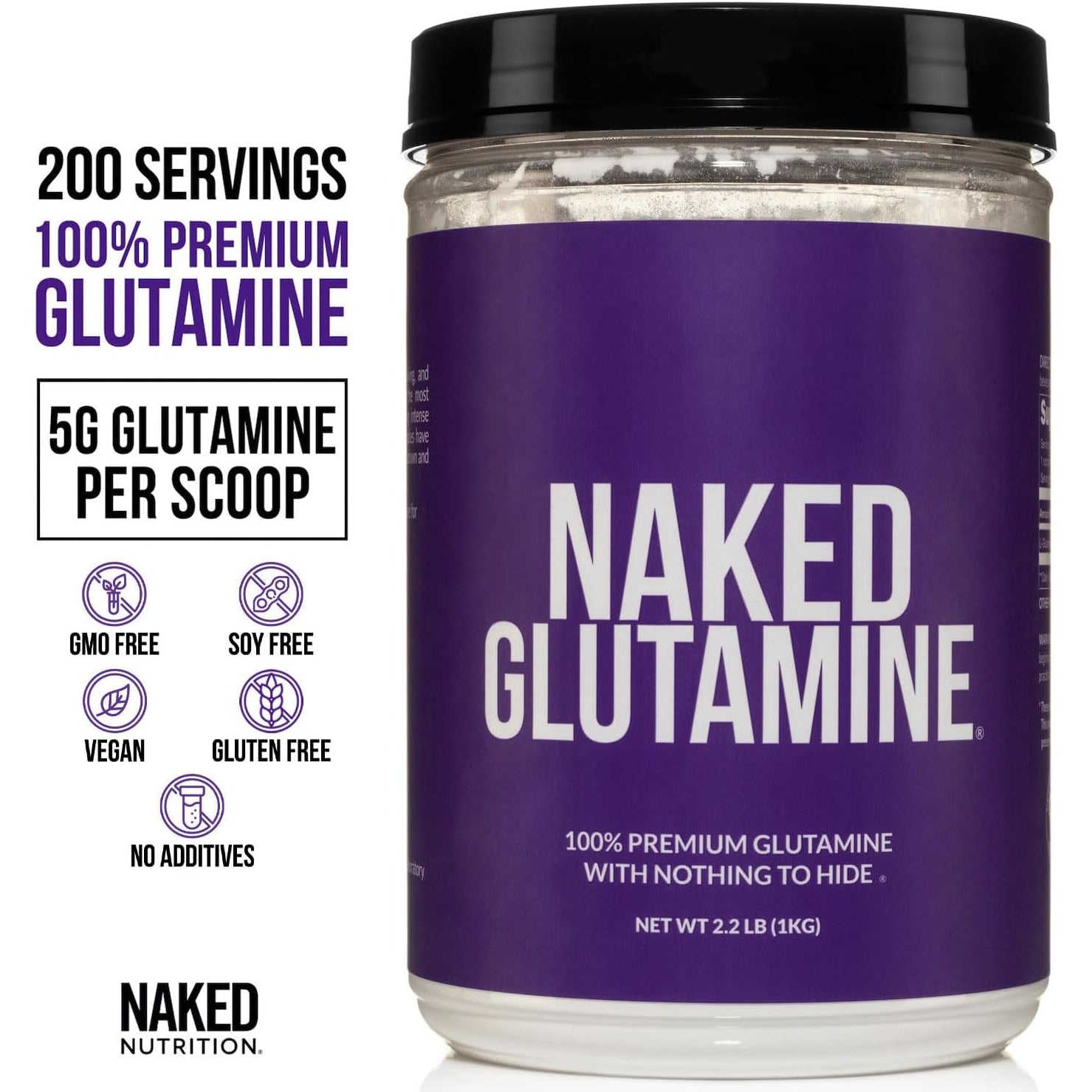 Pure L-Glutamine Made in the USA - 200 Servings - 1,000G, 2.2Lb Bulk, Vegan, Non-Gmo, Gluten and Soy Free. Minimize Muscle Breakdown & Improve Protein Synthesis. No Additives