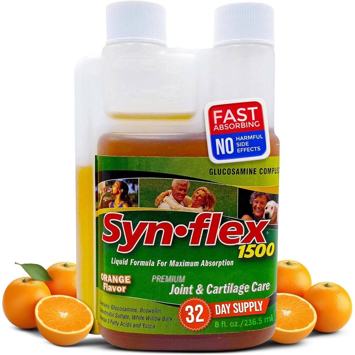 Synflex 1500Mg Liquid Glucosamine & Chondroitin Supplement - HSA/FSA, High Concentration and Fast-Absorbing Joint Support Formula with White Willow Bark, Manganese, and Boswellin, 32-Day Supply