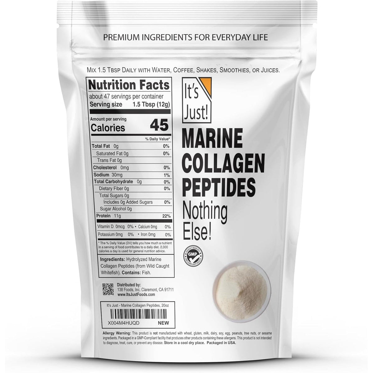 It'S Just! Marine Collagen Peptides Powder - Unflavored, Gluten Free, Non-Gmo, Heavy Metal Tested - 20Oz