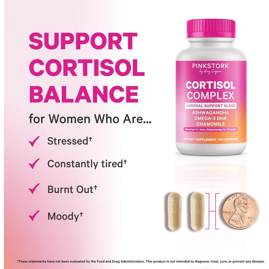 Pink Stork Cortisol Supplements for Women - Adaptogenic Adrenal Support & Stress Manager with Organic Ashwagandha, Omega 3, Saffron, Multivitamins - Mood & Hormone Balance - 60 Count