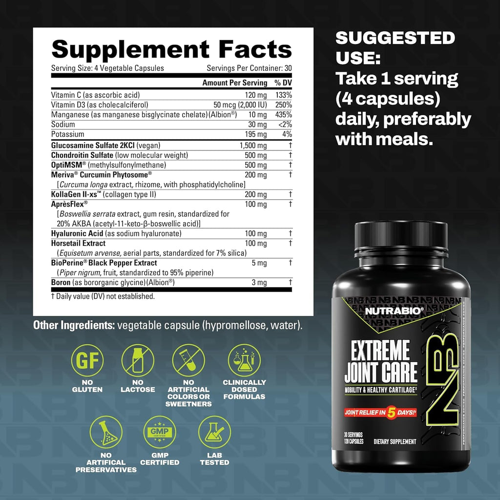 Nutrabio Extreme Joint Care - Joint Support Supplement - Joint Health Supplement, Supports Joints, Mobility, and Cartilage - 120 Capsules