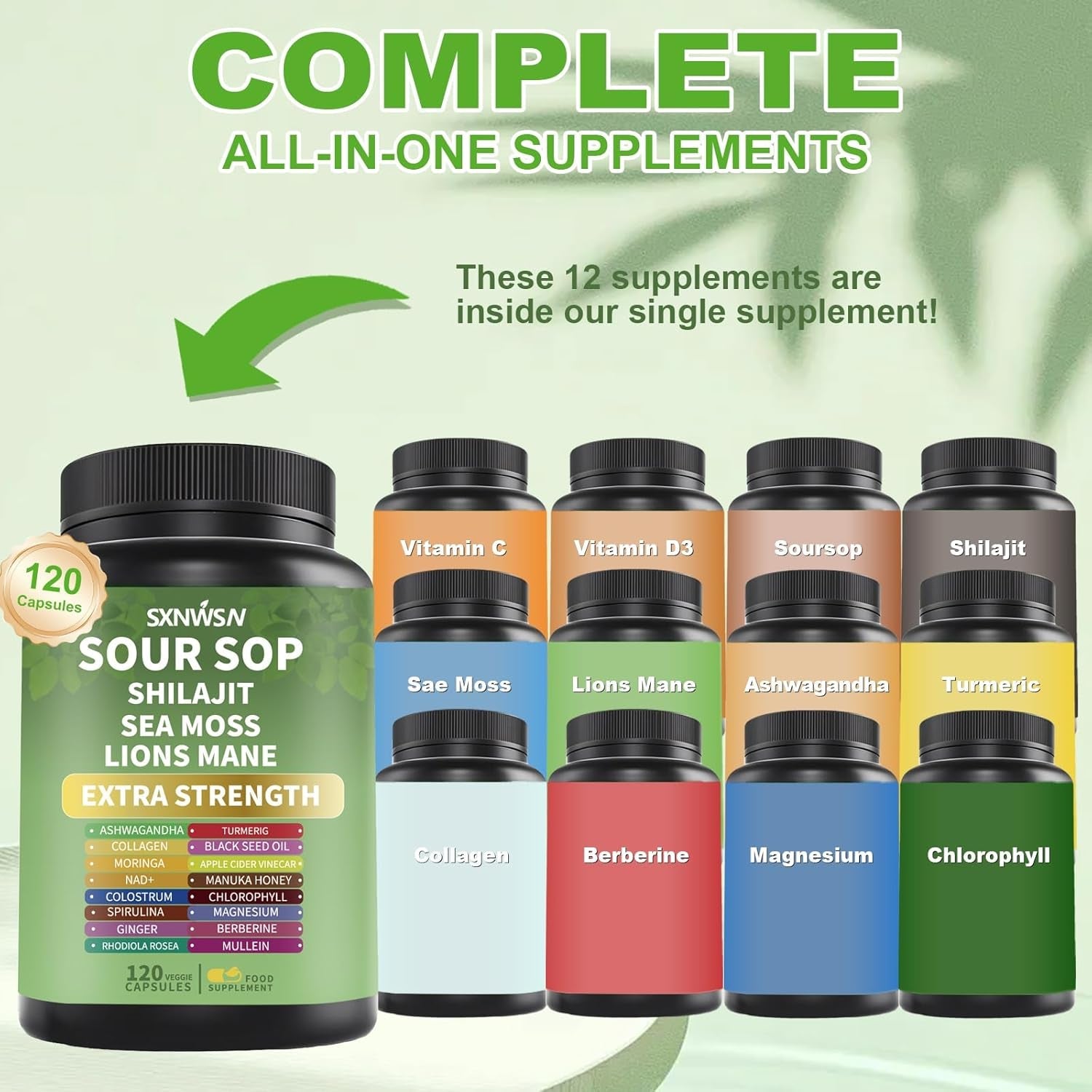 Soursop Supplement with Ashwagandha Sea Moss Lions Mane Turmeric Shilajit - Graviola Complex Capsules for Antioxidant, Brain & Joint & Skin Support | 120 Vegan Capsules
