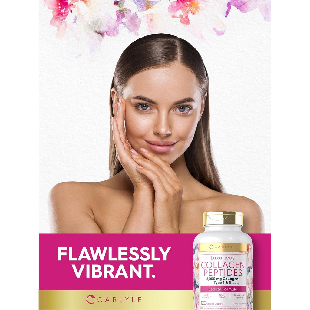 Carlyle Collagen Peptides with Vitamin C | 6000Mg | 120 Caplets | Grass Fed Type II & III | Beauty Formula | Non-Gmo, Gluten Free Supplement