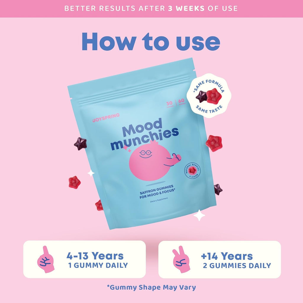Joyspring Mood Munchies Saffron Gummies for Kids 4+ | Saffron Extract Supplement with GABA, Passion Flower & St Johns Wort | Sugar Free Vegan Brain Support & Kids Focus Gummies | Crafted in USA