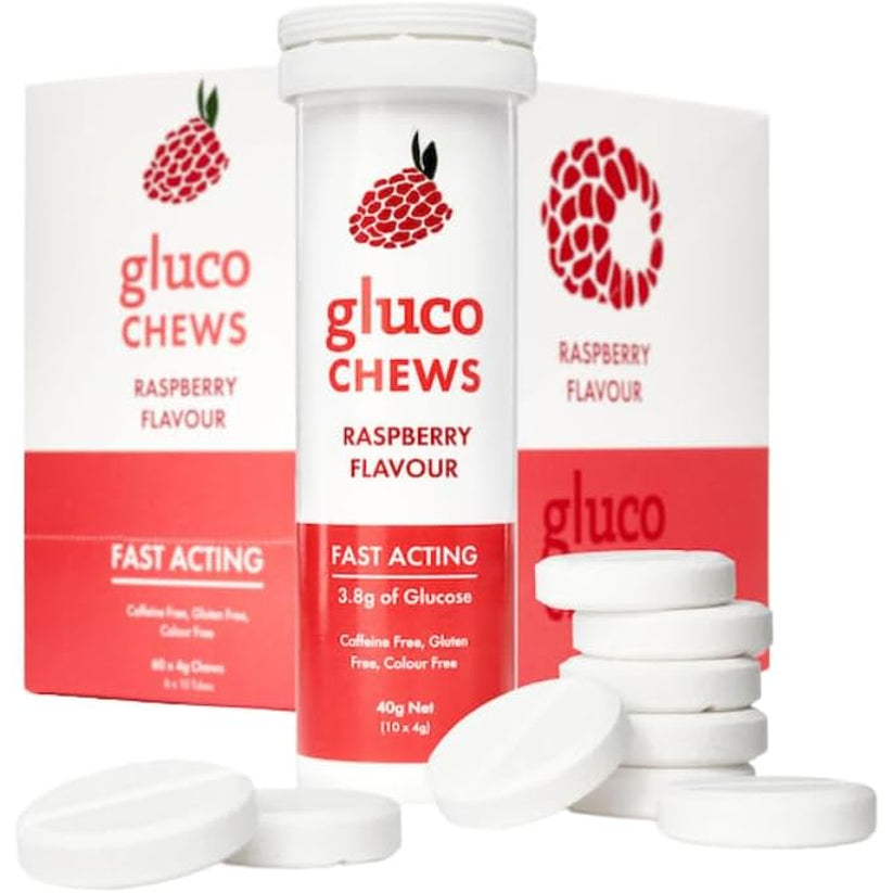 Fast Acting Glucose Tablets, Glucochews Raspberry, 60 Count (10 Tablets per Tube, 6 Pocket-Sized Tubes), Boosts Energy, Supports Blood Sugar, Gluten-Free, Caffeine-Free, Colouring-Free