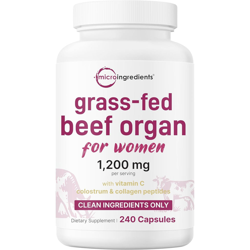 Micro Ingredients Grass‑Fed Beef Organ Supplement for Women – Bovine Beef Liver, Kidney, Heart & Uterus Tissue – 1,200 Mg Organ Blend plus Vitamin C, Colostrum & Collagen – 240 Capsules, No Fillers