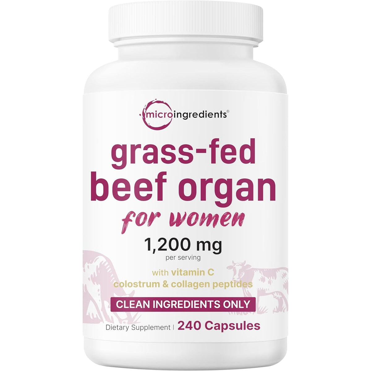 Micro Ingredients Grass‑Fed Beef Organ Supplement for Women – Bovine Beef Liver, Kidney, Heart & Uterus Tissue – 1,200 Mg Organ Blend plus Vitamin C, Colostrum & Collagen – 240 Capsules, No Fillers
