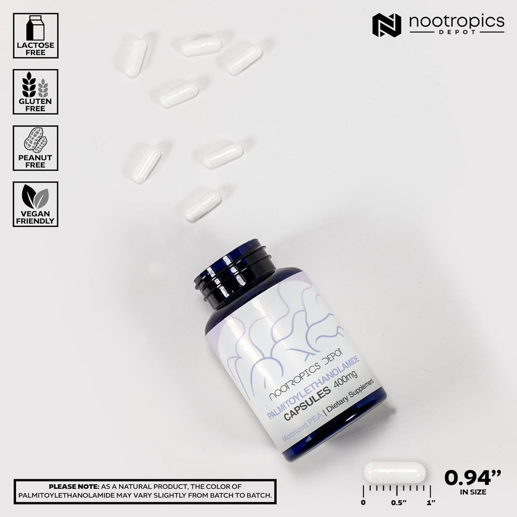 Nootropics Depot Palmitoylethanolamide Capsules | Pea | 400Mg Pills | 180 Count | Provides Discomfort Support | Promotes Healthy Joint Function