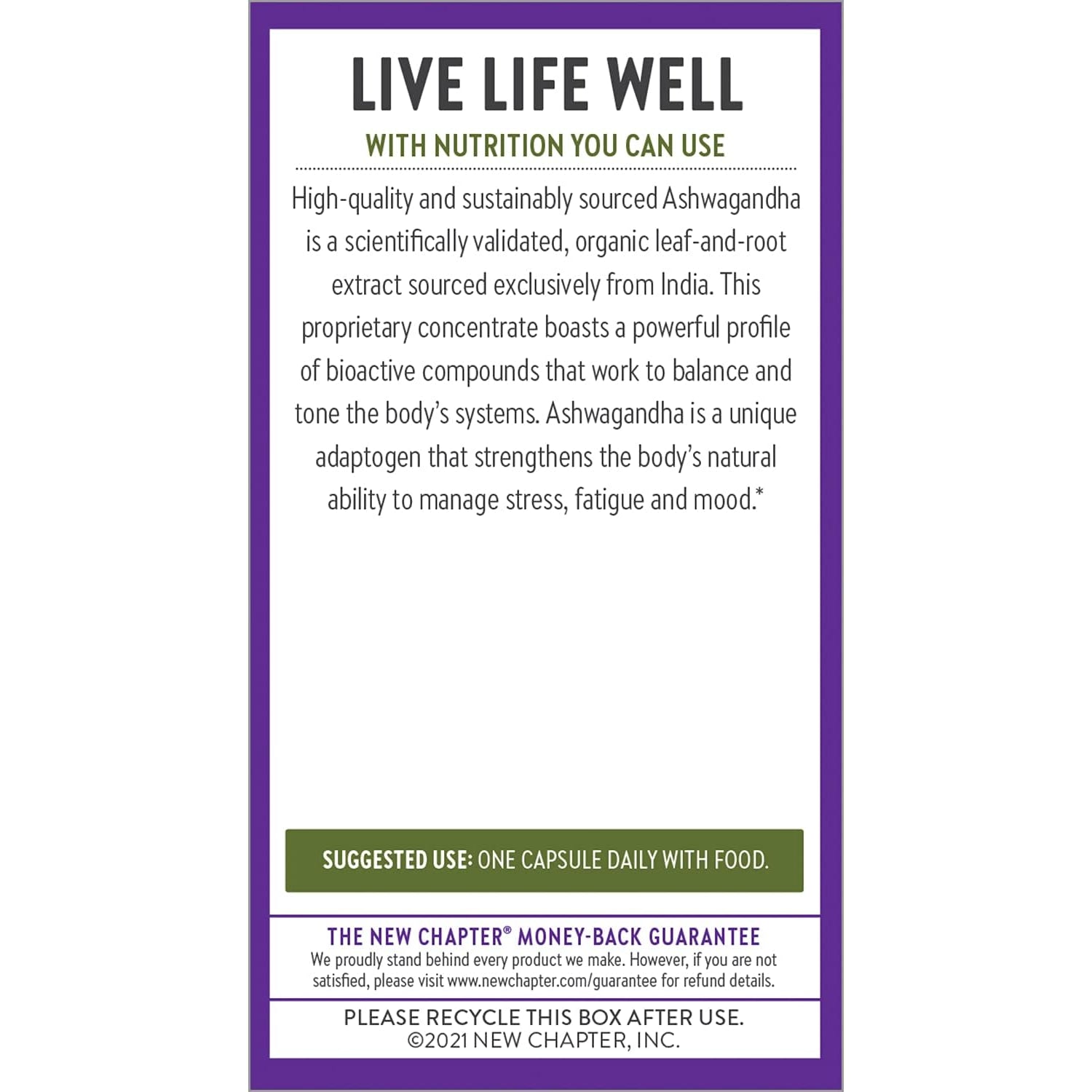 New Chapter Organic Ashwagandha Supplement, One Capsule a Day of Adaptogens for Stress Relief, Mood Support, & Energy, Vegan, 60 Count